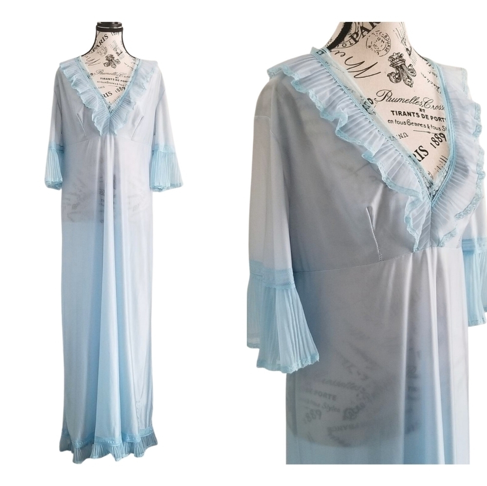 Vintage 70s Blue Chiffon Nightgown Prairie Nightie Cottage Pleated Ruffle Trim